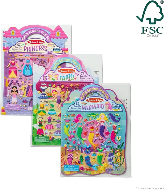 Melissa & Doug Puffy Sticker Activity Books Set: Princess, Mermaid, Fairy - 180+ Reusable Stickers - FSC Certified