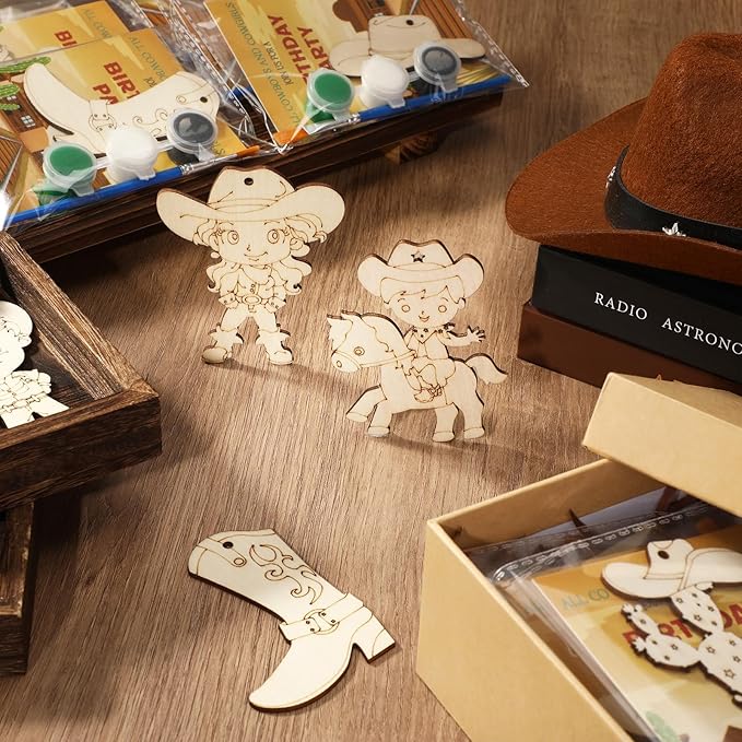 Saypacck 24 Pcs Western Cowboy Party Favors Wooden Painting Craft Kits Birthday Party Supplies with Organza Bag for Goodie Bags Fillers Adult Thank You Gifts
