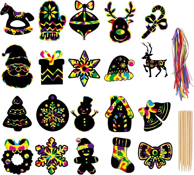 LOKIPA Christmas Scratch Paper Art Set, 80 Pieces Magic Rainbow Scratch Off Cards Ornaments for Kids Christmas