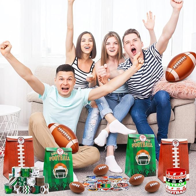 122Pcs Football Party Favors Football Goodie Bags Stuffers with Stress Ball Keychain Tattoo Sticker Silicone Bracelet for Football Birthday Party Supplies