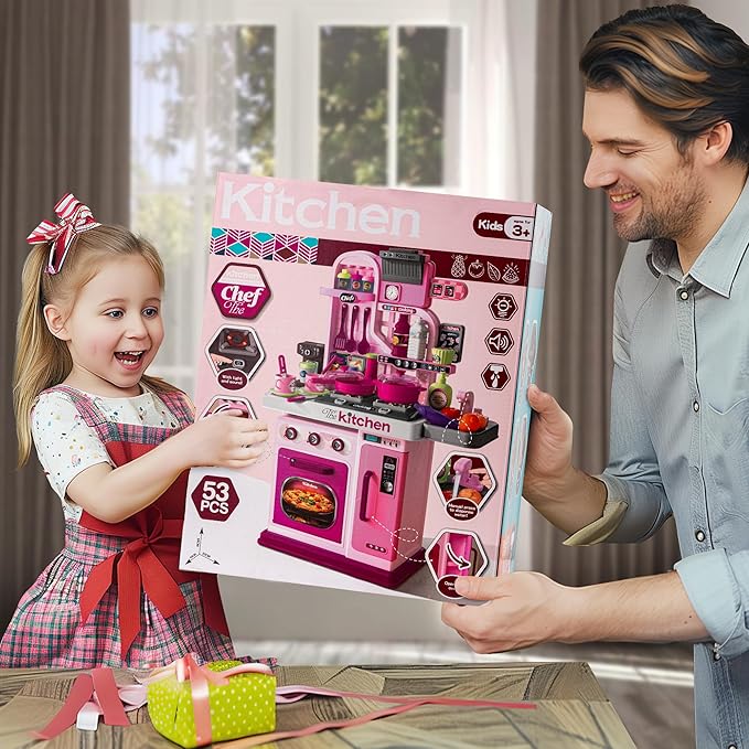 Kids Kitchen Playset-53pcs Cooking Stove,Paly Sink,Oven,Kitchen Toys with Realistic Lights&Sounds,Pretend Play Toys,Kitchen Toys for Toddlers 1 2 3 (Pink)