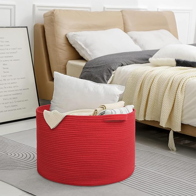 MEGASKET Extra Large Red Basket for Organizing, 22" X 22" X 14" Woven Cotton Rope Bins for Blankets, Baby Nursery Wicker Laundry Basket, Kids Dog Toy Storage Box, Big Red Living Room Decor Organizer