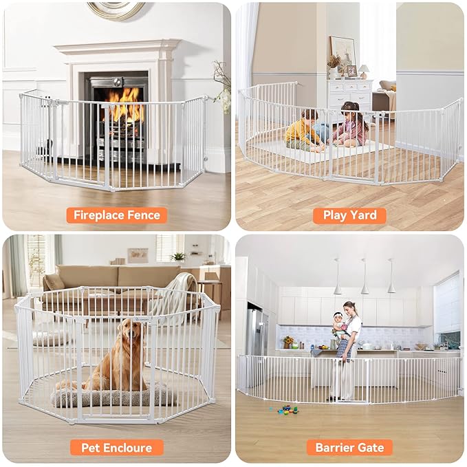 COMOMY 198" Baby Gate Extra Wide, Dog Gate Pet Gate for House Stairs Doorways Fireplace, Adjustable 3 in 1 Play Yard Child Safety Gate, Auto Close, Hardware Mounted (30" Tall, White)