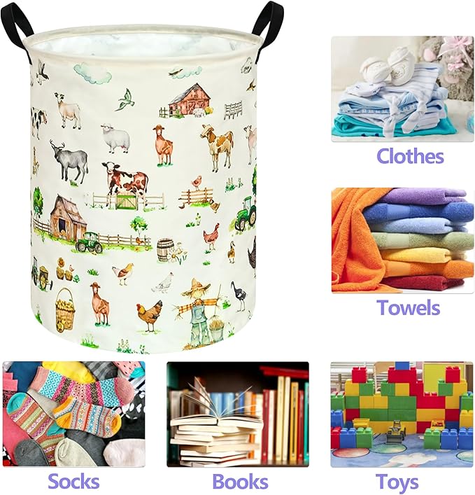 Farm Pattern 19.7 Inch Round Laundry Clothes Hamper Laundry Basket with Handles,Storage Organizer Bins Laundry Gift Basket for Room, Bedroom Decor