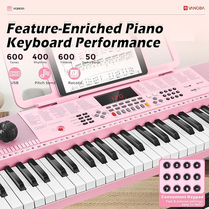 Vangoa Pink Piano Keyboard 61 Key, Electric Keyboard Kit Portable Music Keyboard for Kids Students with Microphone, 600 Tones, 400 Rhythms, 50 Demos, Gift for Beginners