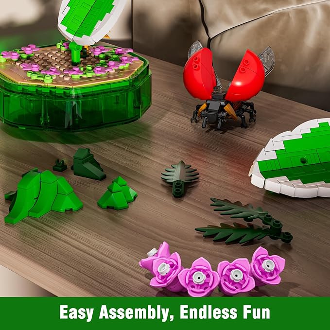 Mould King Insect Building Block Set, Creative Dragonfly Bug Kits Toys with Music Display Box, Collection Flower DIY Office Home Decor for Adutls Kids Girls 8+, 10105