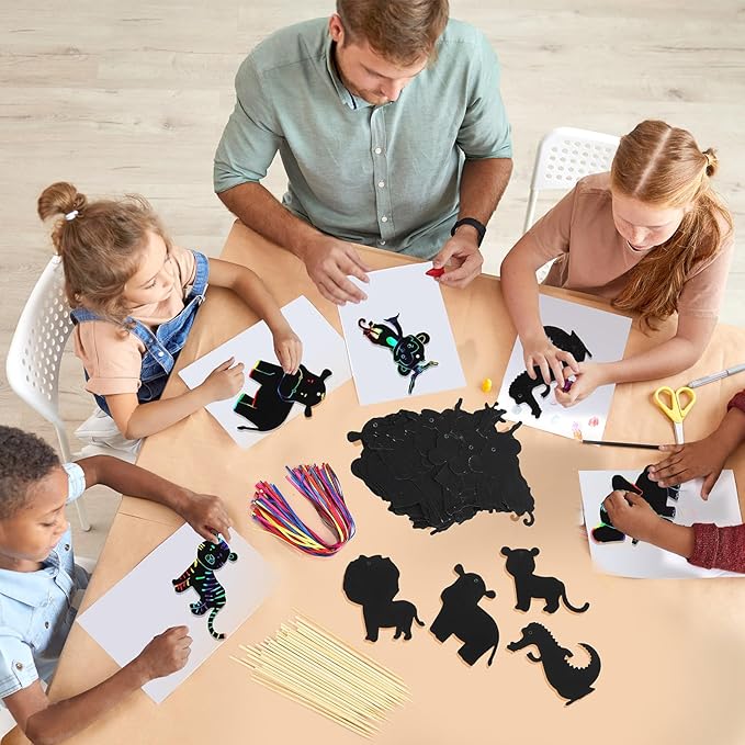 RoundFunny 80 Pcs Jungle Safari Animal Scratch Cards Party Favors Colorful Wild Scratch Painting Scratch Off Paper for Kids DIY Art Craft Kit with 80 Pcs Stick and Ribbon for Birthday Party Ornaments