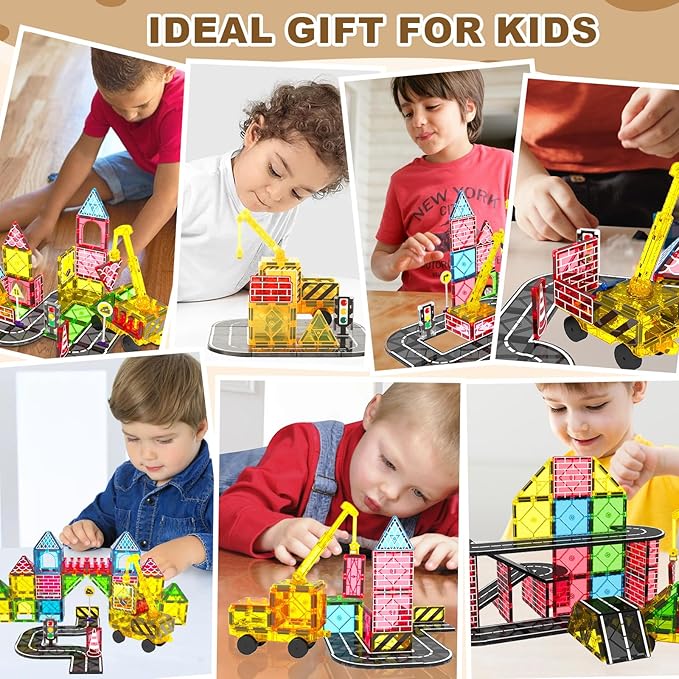 Magnetic Tiles Road Set Kids Toys, Magnetic City Construction Toys With Magnetic Crane for 3+ Year Old Boys Girls, Magnetic Blocks Building Toys STEM Toddlers Toys Magnetic Tiles for Kids Ages 3-5 4-8