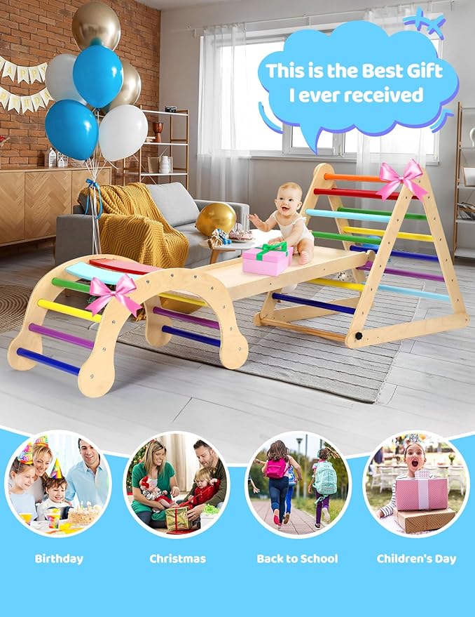 YOLEO Large Pikler Triangle Set, Wooden Toddler Climbing Toys Indoor with Safer Sturdy Base, Montessori Pikler Triangle Climbing Set for Kids' Indoor Climber & Playground & Jungle Gym (Rainbow)