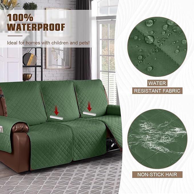KinCam Waterproof Recliner Sofa Cover, Non-Slip Reclining Couch Covers for 3 Seat, Recliner Couch Cover Furniture Protector with Elastic Straps for Pets, Kids, Vine Green