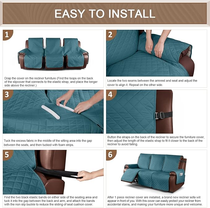 KinCam Waterproof Recliner Sofa Cover, Non-Slip Reclining Couch Covers for 3 Seat, Recliner Couch Cover Furniture Protector with Elastic Straps for Pets, Kids, Peacock Blue