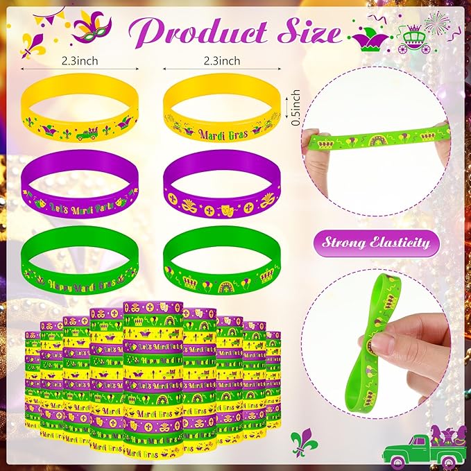 Wettarn 100 Pcs Mardi Gras Silicone Bracelets Mardi Gras Rubber Bracelets Mardi Gras Carnival Bracelet Set Mardi Gras Party Favors for Goodie Bag Favor Stuffers Birthday Party Favors Supplies
