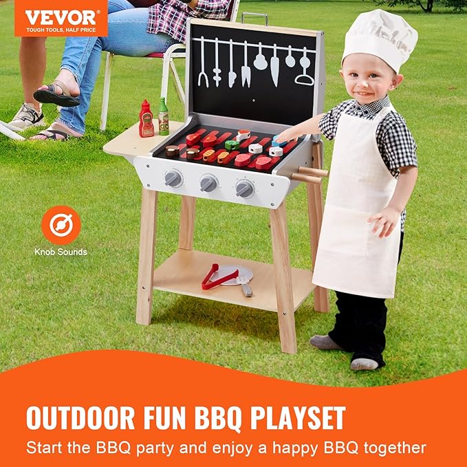 VEVOR Wooden Play Barbecue Toy Grill, Kids Grill Playset with Play Food and Grilling Tools, Wooden Play Food Kitchen Accessory (21 PCS), Pretend Play Cooking Toy for Toddlers Boys Girls Age 3+ Gift