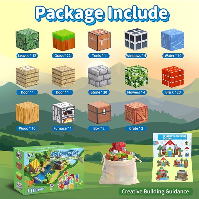 Magnetic Blocks 110PCS Toys for Boys & Girls Age 6 7 8 9 10(Village)
