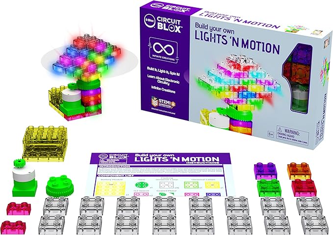 E-Blox Building Blocks STEM Circuit Kit, Build Your Own Lights ‘N Motion, Light & Rotating Capabilities, Infinite Science Creations, Birthday Gift, Boys, Girls, 5+