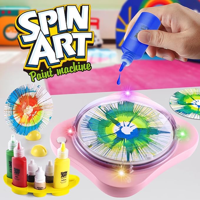 Paint Spin Art Machine Kit for Kids Stress Reducing Toys for Pink Arts and Crafts Set Gifts with Light & Music for Boys & Girls Ages 4 5 6 8 9 10 12 Flexible Splatter Guard,Easy to Wash