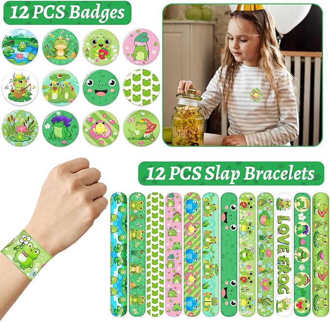 110 PCS Frog Party Favors, Frog Temporary Tattoos Slap Bracelets Keychains Stickers Badges Gift Bags for Frog Birthday Party Decorations Supplies Gifts for Kids Classroom Rewards Baby Shower
