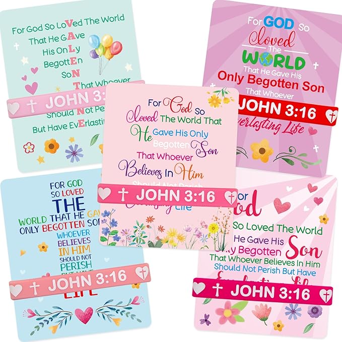 John 3:16 Cards with Bracelets Bible Valentine's Cards Silicone Bracelets for Classroom Party Favors Exchange 25 Packs