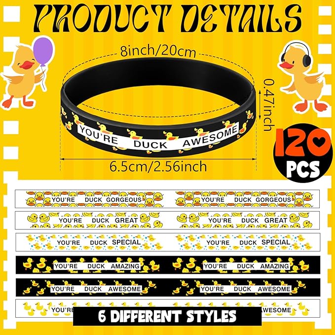 Poen 120 Pcs Yellow Duck Silicone Bracelets Bulk White and Black Duck Wristband Duck Party Favors Duck Rubber Wristband for Summer Christmas Birthday Duck Party decoration Supplies