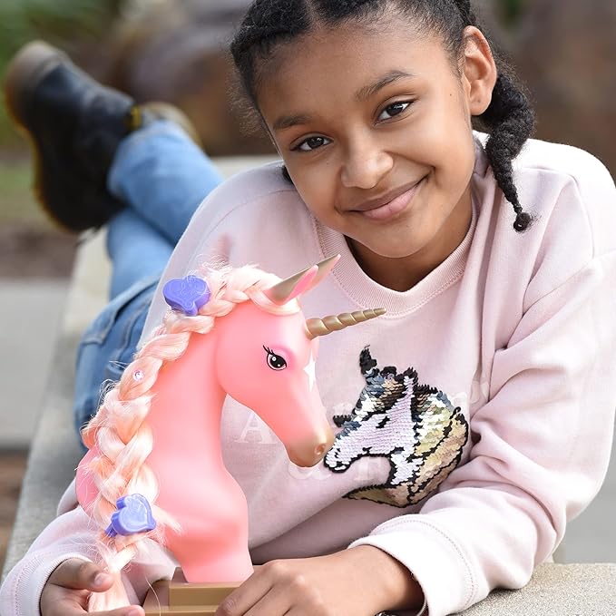 Breyer Horses Beauty Styling Head | Stardust | Pink Extra-Long Silky No Tangle Mane | 10" x 4.25" x 4.25" | Styling Book, Brush, Hair Coils, Clips, Elastics | Unicorn Toy | Model #7405