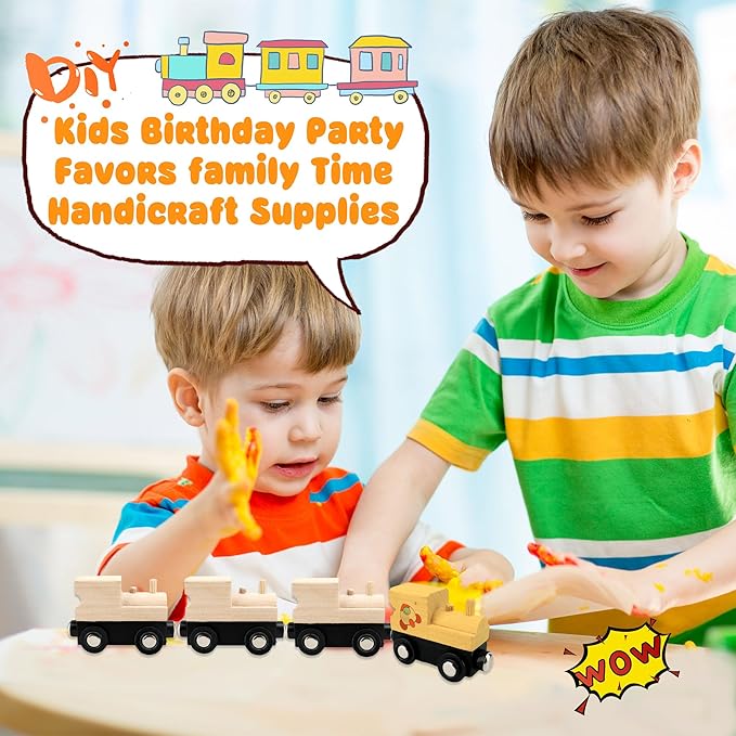12 Pcs Wooden Trains Toys Unpainted Wood Train Cars Weak Magnetic Suction Paintable Wooden Railway for Kids Educational Toys Birthday Christmas Party Gifts (Style Set 1)