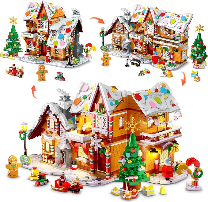 3 Style Christmas Gingerbread House Building Set with LED Light - 2024 Snowscape Village House Building Block Toy with Santa Claus Xmas Tree Train Gifts for Adults Kids Girls Boys Ages 8+ (1397 PCS)