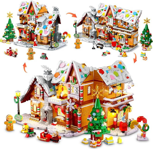 3 Style Christmas Gingerbread House Building Set with LED Light - 2024 Snowscape Village House Building Block Toy with Santa Claus Xmas Tree Train Gifts for Adults Kids Girls Boys Ages 8+ (1397 PCS)
