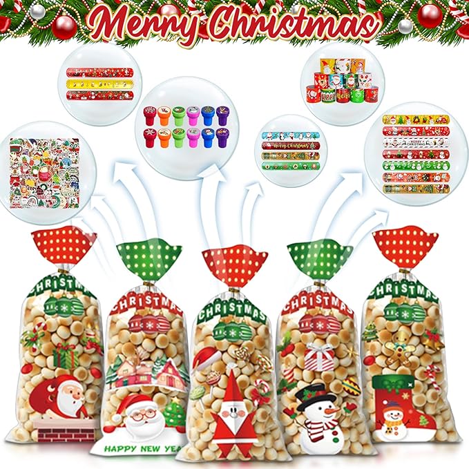 246 Pcs Christmas Party Supplies, Including Christmas Slap Bracelets Bulk Christmas Stamps Christmas Stickers for Christmas Party Favors Supplies Xmas Goodie Bags Stuffers Christmas Classroom Prize