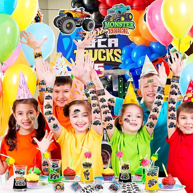 Monster Truck Party Favors 24 Pcs Monster Truck Slap Bracelets 50 Pcs Monster Truck Stickers 80 Pcs Monster Truck Tattoos Monster Truck Birthdays Decorations Supplies for Kids Boys Classroom Rewards