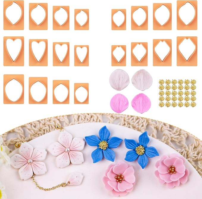 Puocaon Petal Polymer Clay Cutters - 20 Pcs Petal Clay Cutters for Polymer Clay Earrings, 30 Pcs Pistil Brass Charms 4 Petal Texture Clay Molds for Polymer Clay Jewelry, Flower Clay Jewelry Supplies