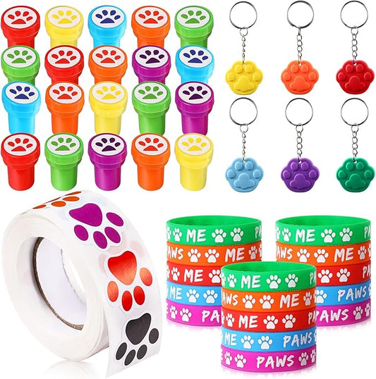 Skylety 58 Pcs Dog Paw Print Party Favors Set, Paw Print Stamps Rubber Silicone Bracelets Sticker Keychain, Puppy Birthday Party Favors Patrol Supplies, Gift Bag Stuffer (Multi Colors)