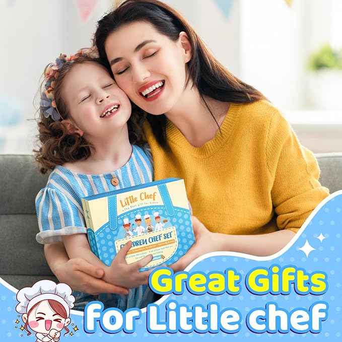 Toyze Apron for Kids Cooking Toys for 3-8 Year Old Girls Boys, Chef Costume for Kids Chef Hat and Apron,Birthday Gifts for Girls Boys 20 Pcs Blue-with Cookbook