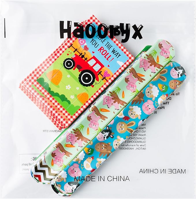 Haooryx Valentine's Exchange Gifts Bulk - 28 Pack Valentine's Day Farm Animal Slap Bracelets Inspired Greeting Cards Student Prize Activity Farmland Classroom School Kids' Multi-Item Party Favor Packs
