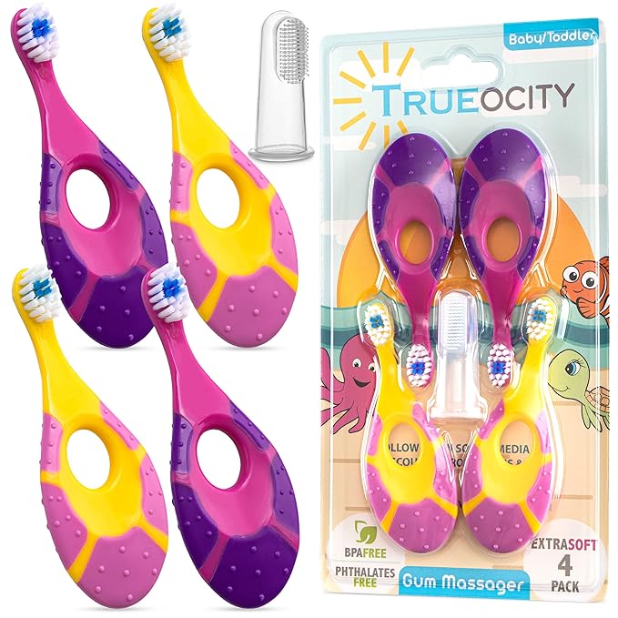 Trueocity Baby Toothbrush 4 Pack & Bonus Silicone Finger Brush, Soft Bristles, Toddler Toothbrushes, Infant & Training w/Teething Handle, 0-2 Years, Pink Set