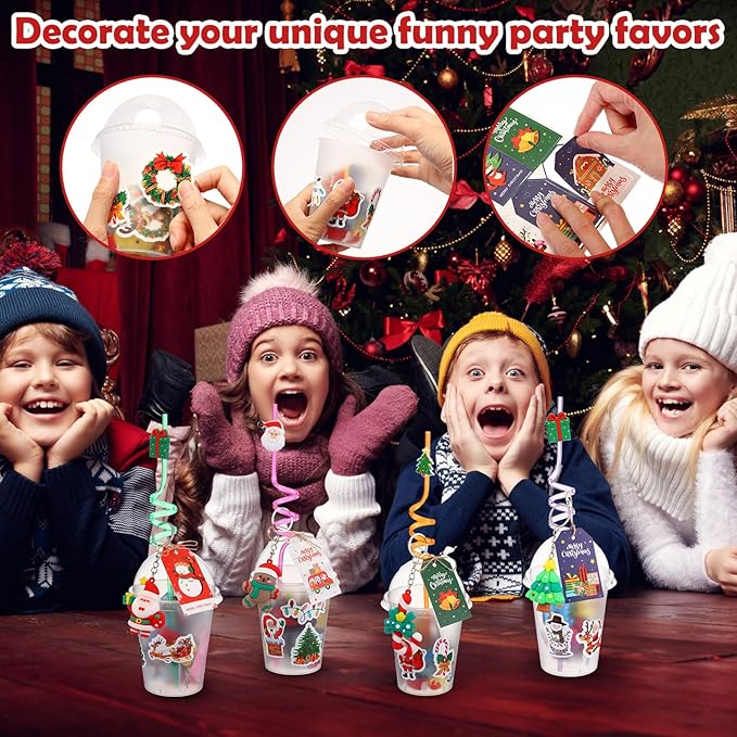 Shappy 160 Pcs Christmas Party Favors Prizes Gift Bulk, Assortment Toys Plastic Cups with Lids Mini Christmas Squeeze Slap Bracelets Straws Sticker Gift Tags and Keychains Xmas Goodie Bags for Kids