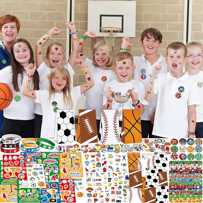 Sports Party Favors - Sports Theme Birthday Party Supplies Decorations, Gift Bags, Slap Bracelets, Rubber Bracelets, Tattoo Stickers, Button Pin, DIY Stickers for Boys Girls Kids Party Favor