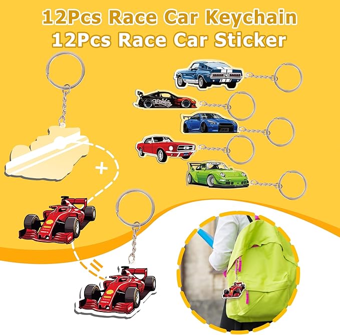108PCS Race Car Party Favors Birthday Party Supplies includes Pull Back Car Finger Light Scratch Art Bookmark Slap Bracelet Race Car Themed Decorations Treasure Prize Box Toys for Boys Girls