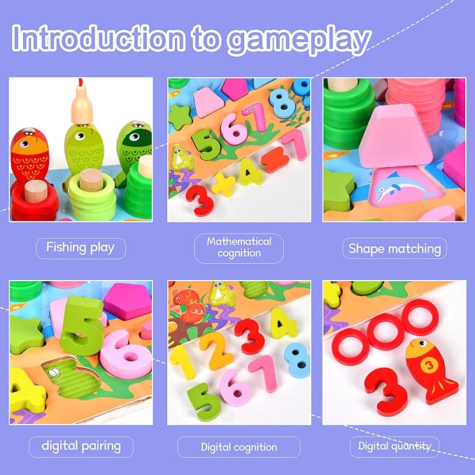 Wooden alphanumeric Shapes Jigsaw Ring Count Classification Toys Math Shapes Building Blocks Toddler Learning Playboard Math Fishing Educational Toys Montessori Educational Toys (color3)