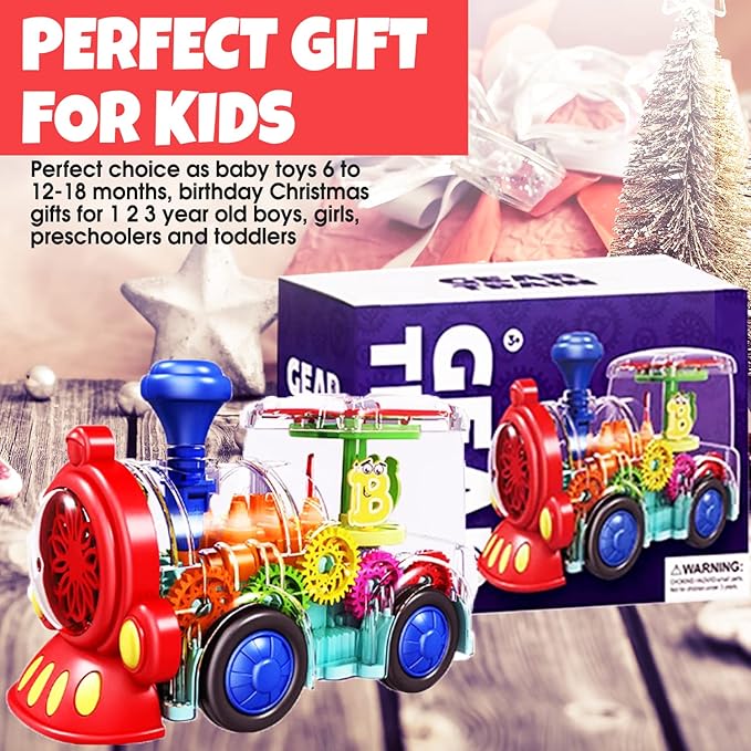Transparent Train Toy - Fun and Interactive Electric Train Toy for Kids - Music Train with LED Light up - Colorful Moving Gears -Tummy Time Crawling Baby Toys for Boys Girls