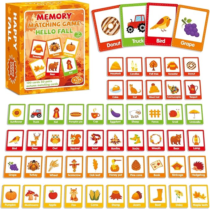 gisgfim 50 Pairs Thanksgiving Memory Matching Game Happy Fall Concentration Memory Games for Kids Educational Ages 3-8 A Fun & Fast Autumn Theme Memory Matching Games