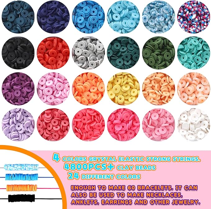 KAMJUNTAR 6000PCS Clay Beads for Bracelets Making Kit,24 Colors Flat Heishi Polymer Clay Beads for Jewelry Making with Letter Beads Smiley Face Beads Gift for Kids Girls DIY Necklace Bracelet