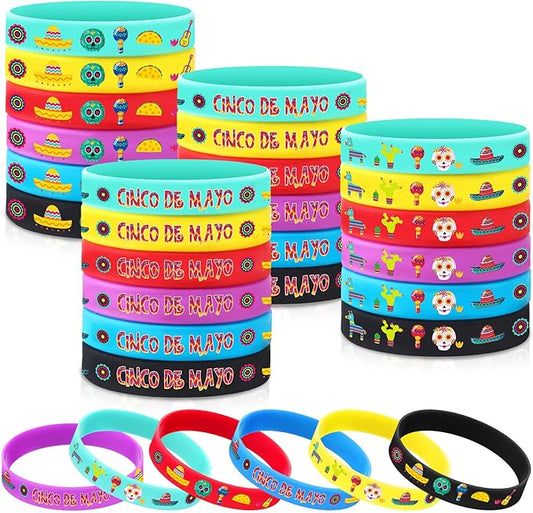 Xinnun 24 Pcs Mexican Fiesta Rubber Bracelets Fiesta Party Silicone Wristbands Mexican Party Favors with Taco Cactus Piñata Pattern for Let's Fiesta Cinco De Mayo Party(Cinco De Mayo)