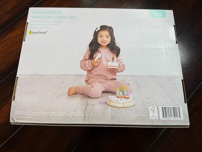 Pearhead Celebration Montessori Birthday Cake Toy Set, Wooden Play Toys for Developmental Learning, Play Kitchen Sets for Toddlers Ages 3+ Years, Pretend Play Food Sets, 14 Piece Wooden Play Toy Set