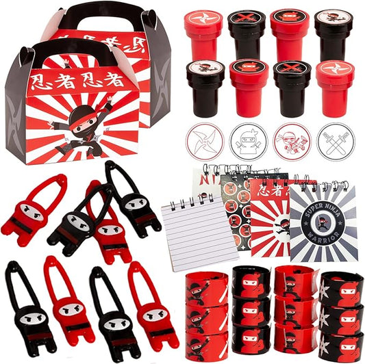 Tigerdoe Ninja Themed Party Supplies 60 Piece Set – Ninja Birthday Party Decorations – Ninja Party Favor Boxes, Notepads, Slap Bracelets, Stamps, and Slingshot Ninja Toys