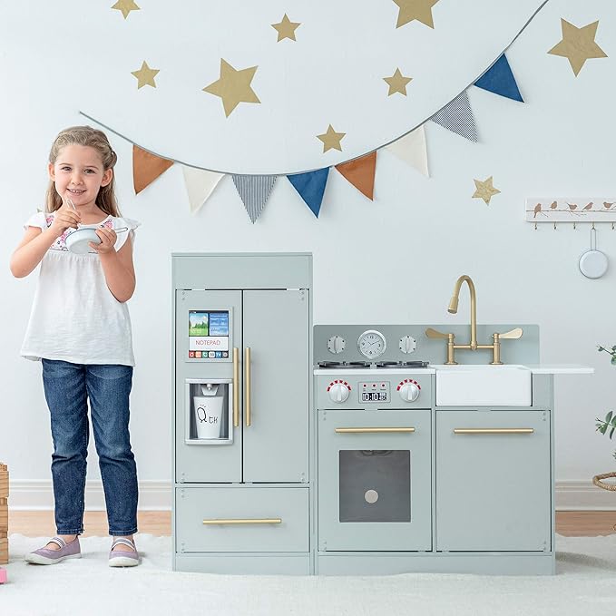 Teamson Kids Little Chef Charlotte Modern Modular Interactive Wooden Play Kitchen with Refrigerator, Stove and Sink in Gray with Gold Accents