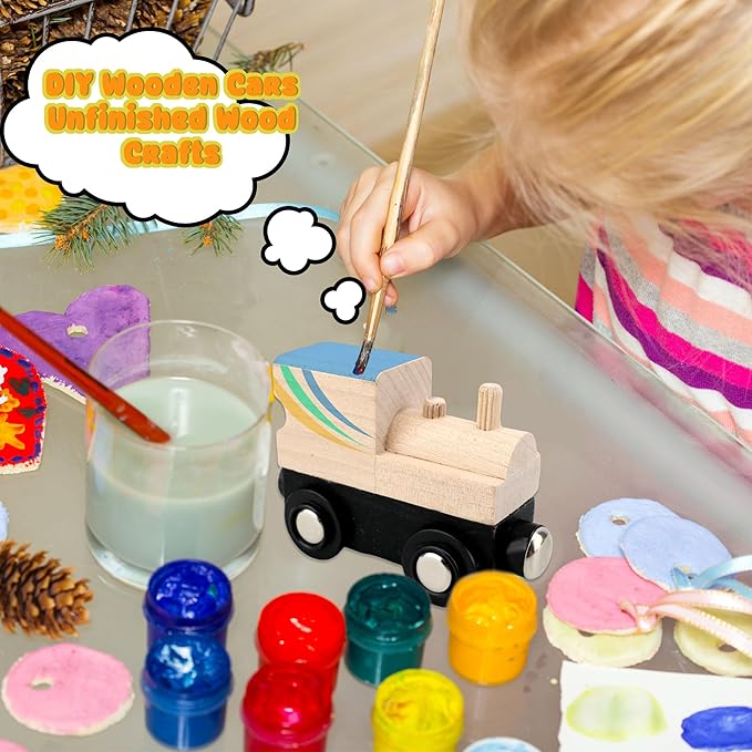 12 Pcs Wooden Trains Toys Unpainted Wood Train Cars Weak Magnetic Suction Paintable Wooden Railway for Kids Educational Toys Birthday Christmas Party Gifts (Style Set 1)