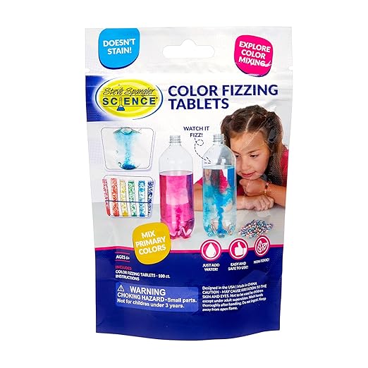 Steve Spangler Science - WTIN-100 Color Fizzers, 100 Tablets – Assorted Colors (Red, Yellow & Blue) – Colorful Science Experiment Kit for Kids, Won’t Stain Hands or Surfaces, Exciting STEM Activity