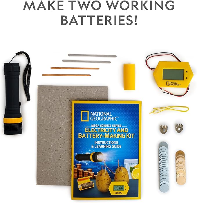 NATIONAL GEOGRAPHIC Battery Making Kit - Potato Clock and Penny Powered Flashlight Science Kit, 2 Electricity STEM Projects for Kids, Electrical Circuit Toy for Boys and Girls (Amazon Exclusive)
