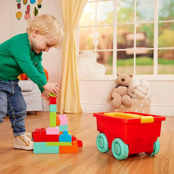 Battat – Building Blocks – 47Pc Brick Set – Colorful & Chunky Bricks – Unique Wheel Bricks – 12 Months + – Locbloc Red Builder's Wagon