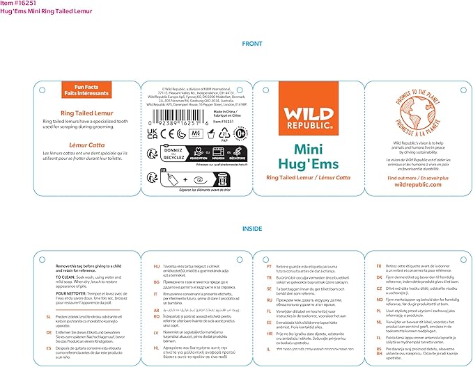 Wild Republic Ring Tailed Lemur Plush, Stuffed Animal, Plush Toy, Gifts for Kids, Hug’Ems 7"